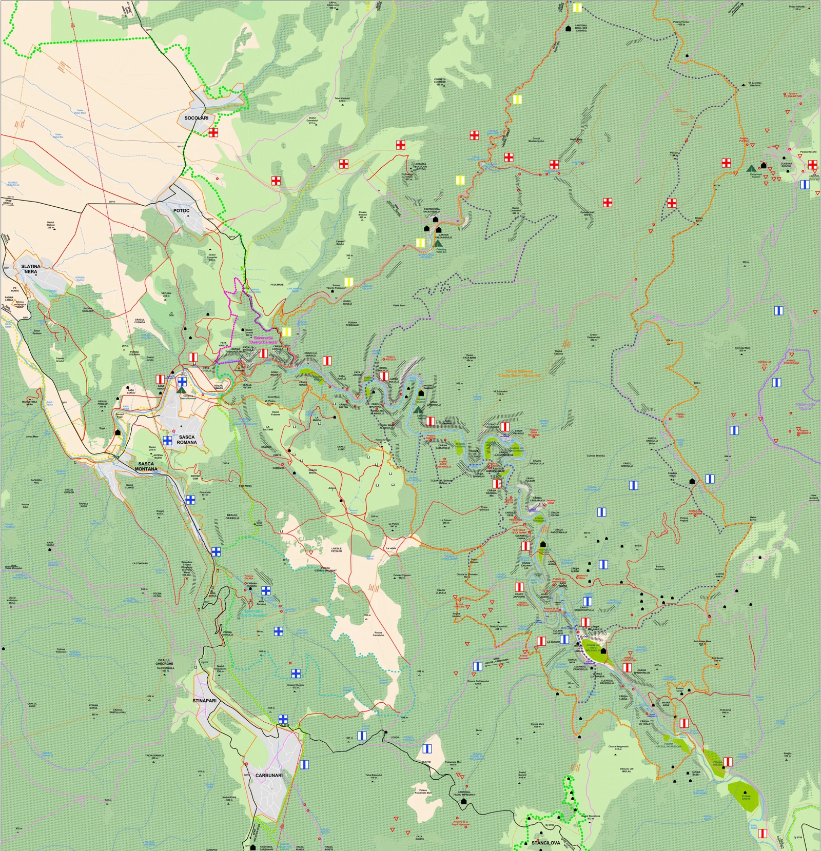 Detailed Cheile Nerei–Beușnița tourist map at 1:20,000, showing marked paths and terrain; Comuna Sasca Montană, 2018. Original legend displayed beside the map